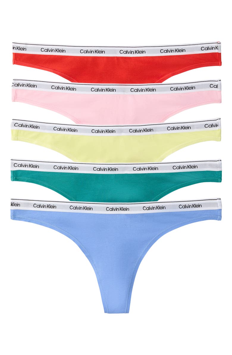 Calvin Klein Assorted 5-Pack Cotton Blend Thongs, Alternate, color, Red/ Pink/ Yellow/ Green/ Blue