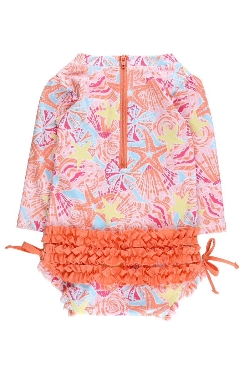 RuffleButts Baby Girls Tropical Long Sleeve UPF50+ One Piece Rash Guard, Alternate, color, Sunset Seashells