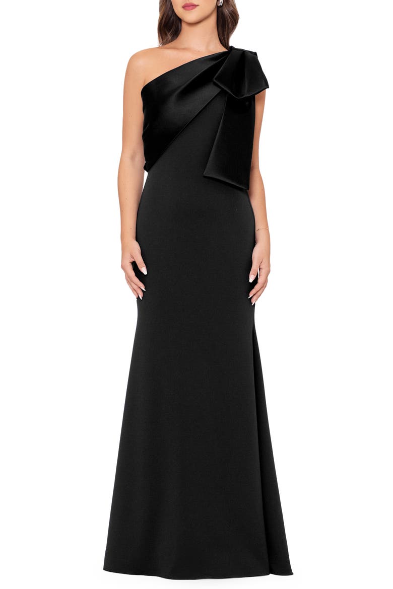 Satin Bow Crepe Mermaid Gown, Main, color, BLACK