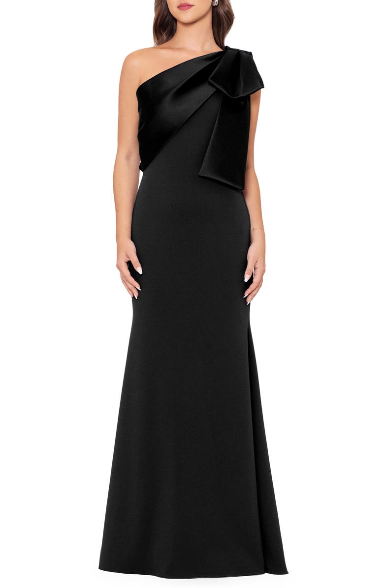 Betsy & Adam Satin Bow Crepe Mermaid Gown, Main, color, Black