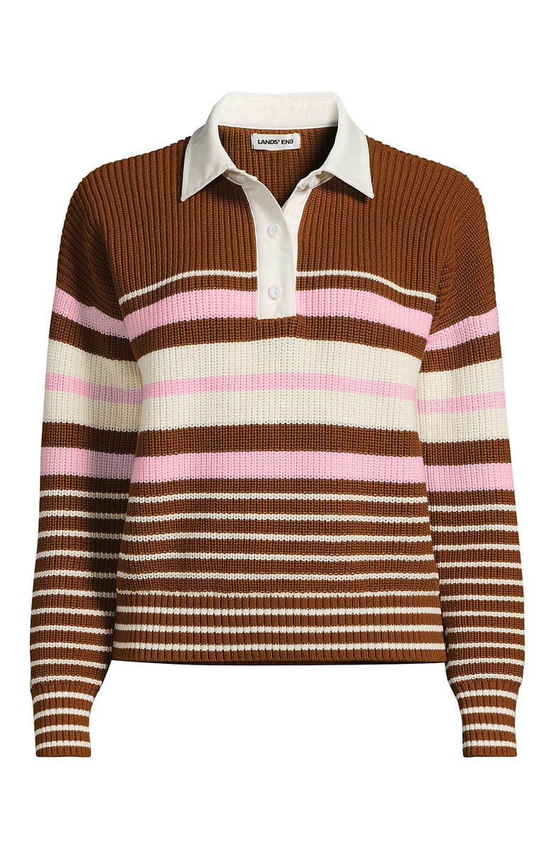 Lands' End Drifter Rugby with Woven Collar Sweater, Alternate, color, Rich Ginger Multi Stripes