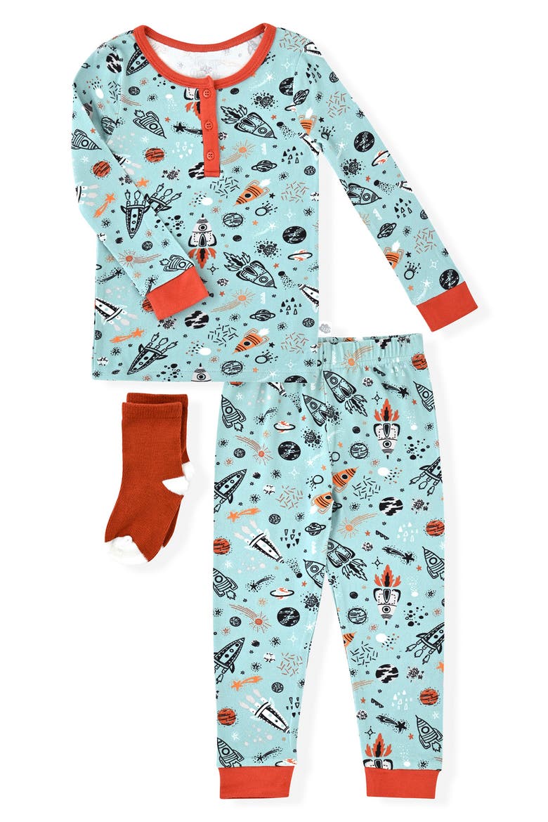 Kids' Spaceship Fitted Two-Piece Pajamas & Socks Set, Main, color, GREEN