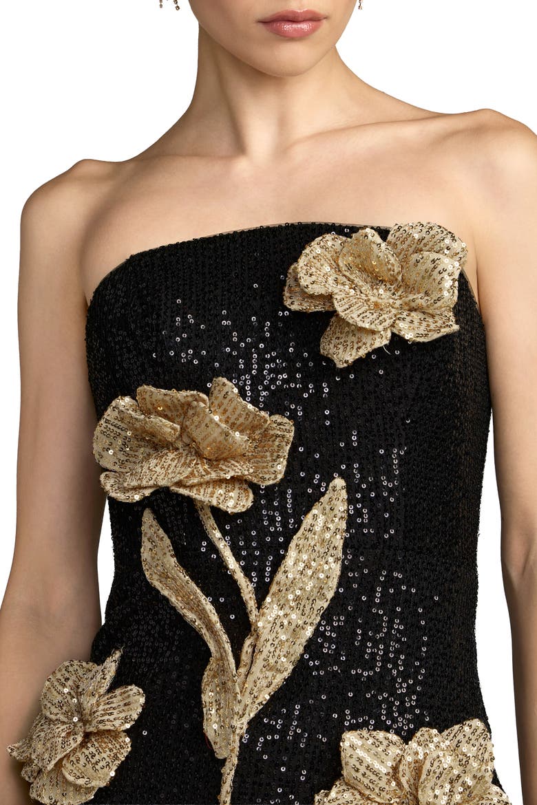Strapless Fitted Sequin Midi Dress With 3D Flowers, Alternate, color, Black Gold