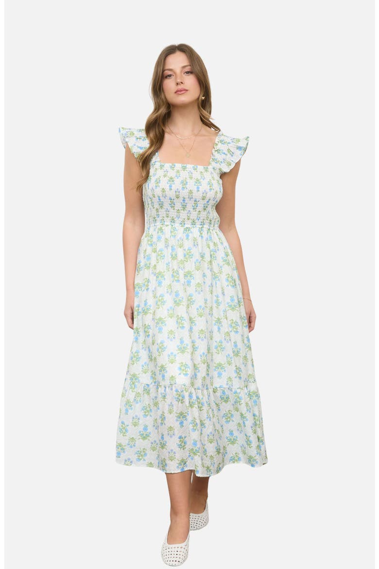 Floral Tile Smocked Midi Dress, Alternate, color, BLUE MULTI