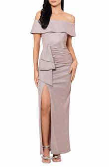 Xscape Evenings Metallic Ruffle Off the Shoulder Sheath Gown