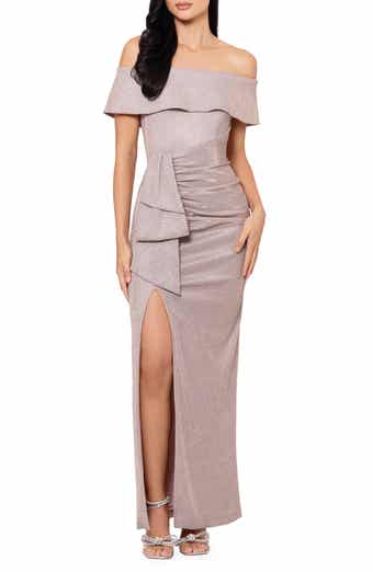 Xscape Evenings Metallic Ruffle Off the Shoulder Sheath Gown
