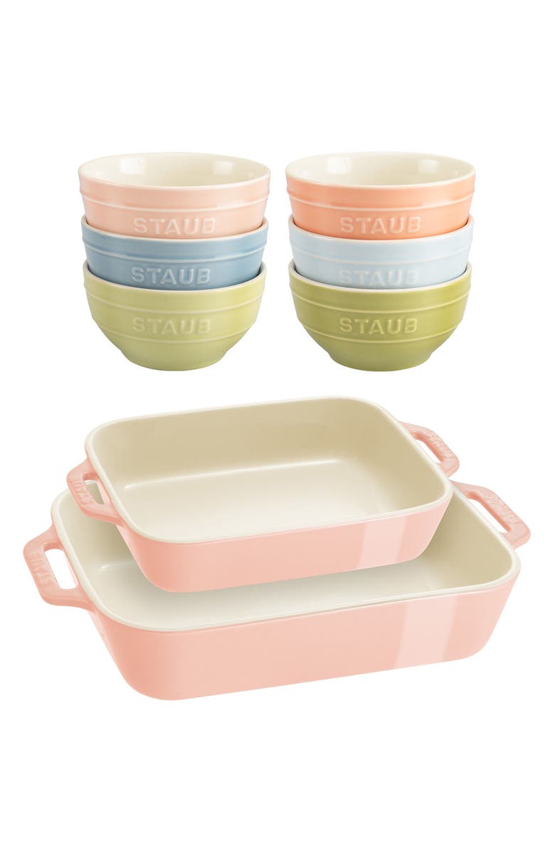Staub 8-Piece Ceramic Macaron Bowls & Baking Dishes Set, Main, color, Pink
