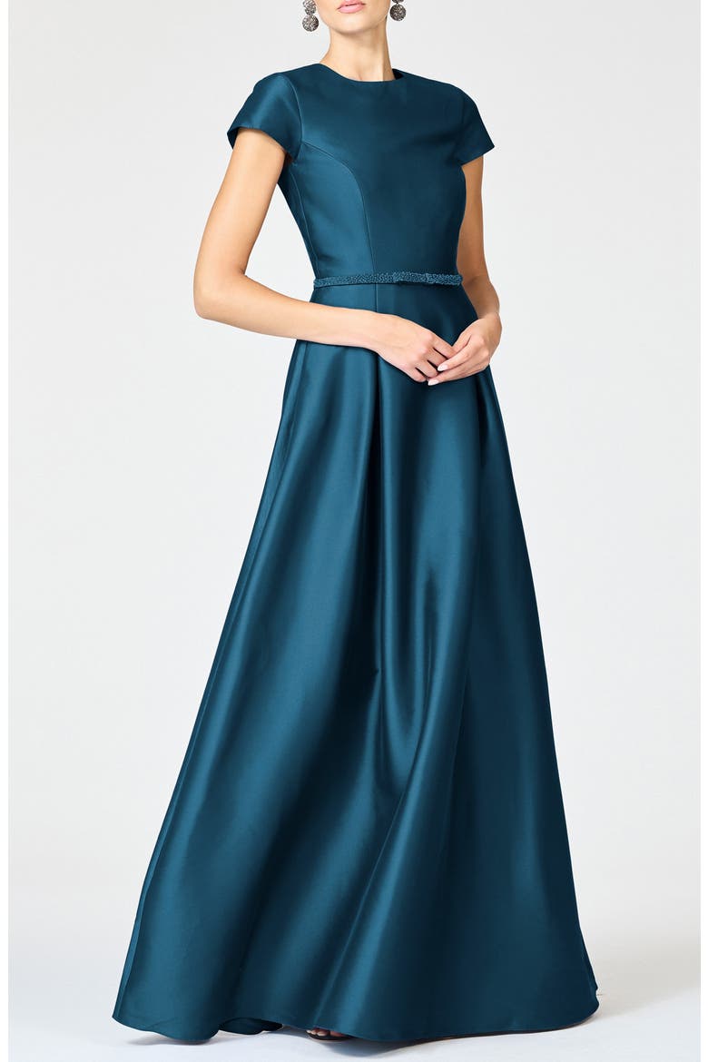 Blythe Box Pleat Belt Gown, Main, color, BOTTLE GREEN
