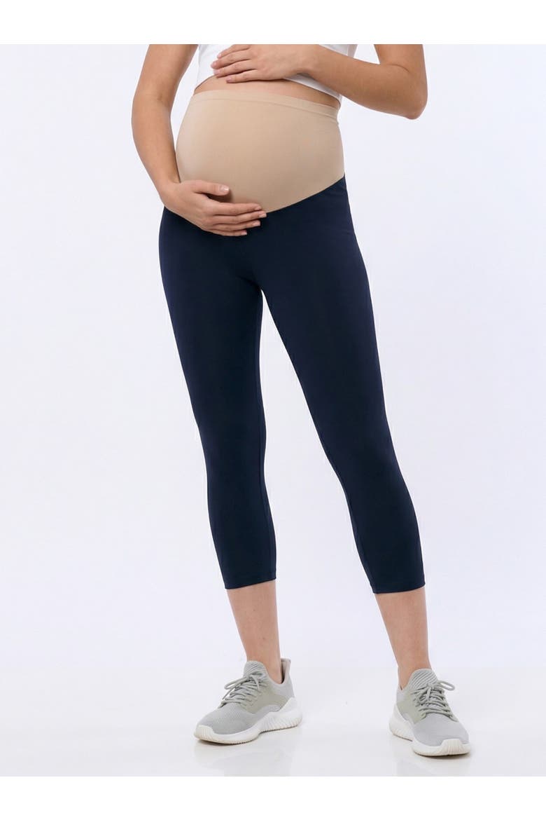Essential Stretch Secret Fit Over the Belly Maternity Crop Leggings, Main, color, Navy