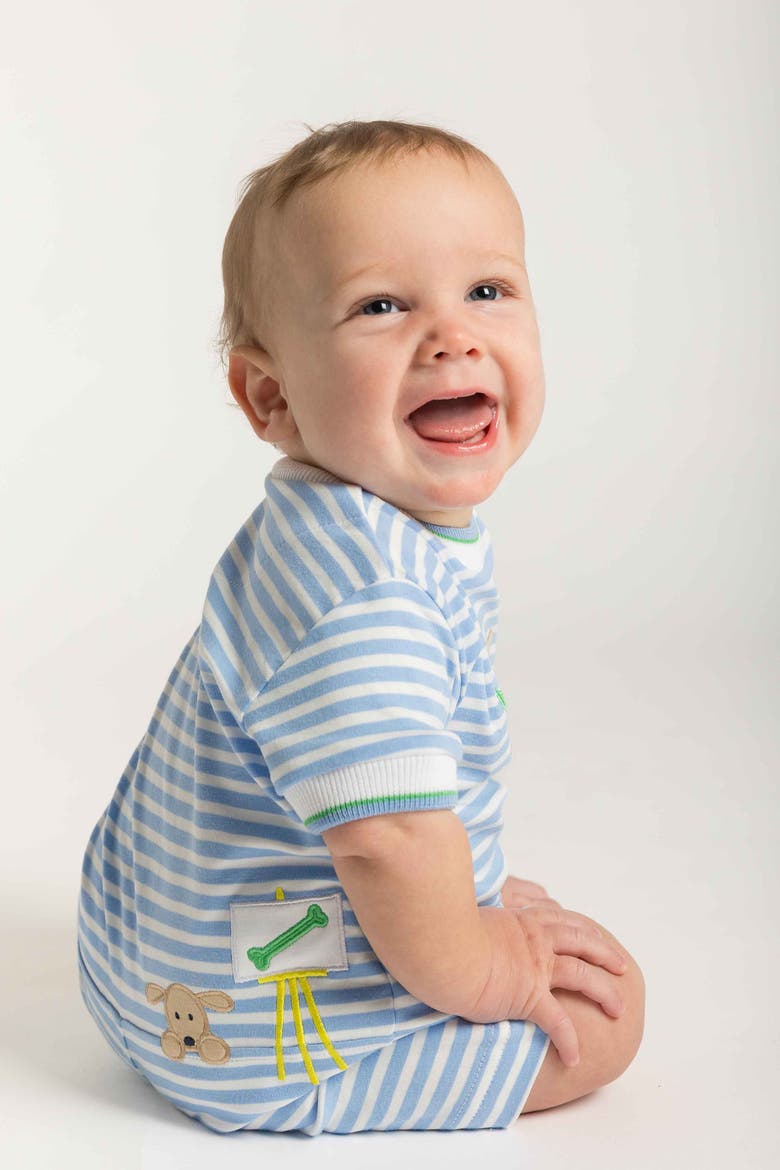 Stripe Knit Shortall With Painting Dog, Alternate, color, Blue/White