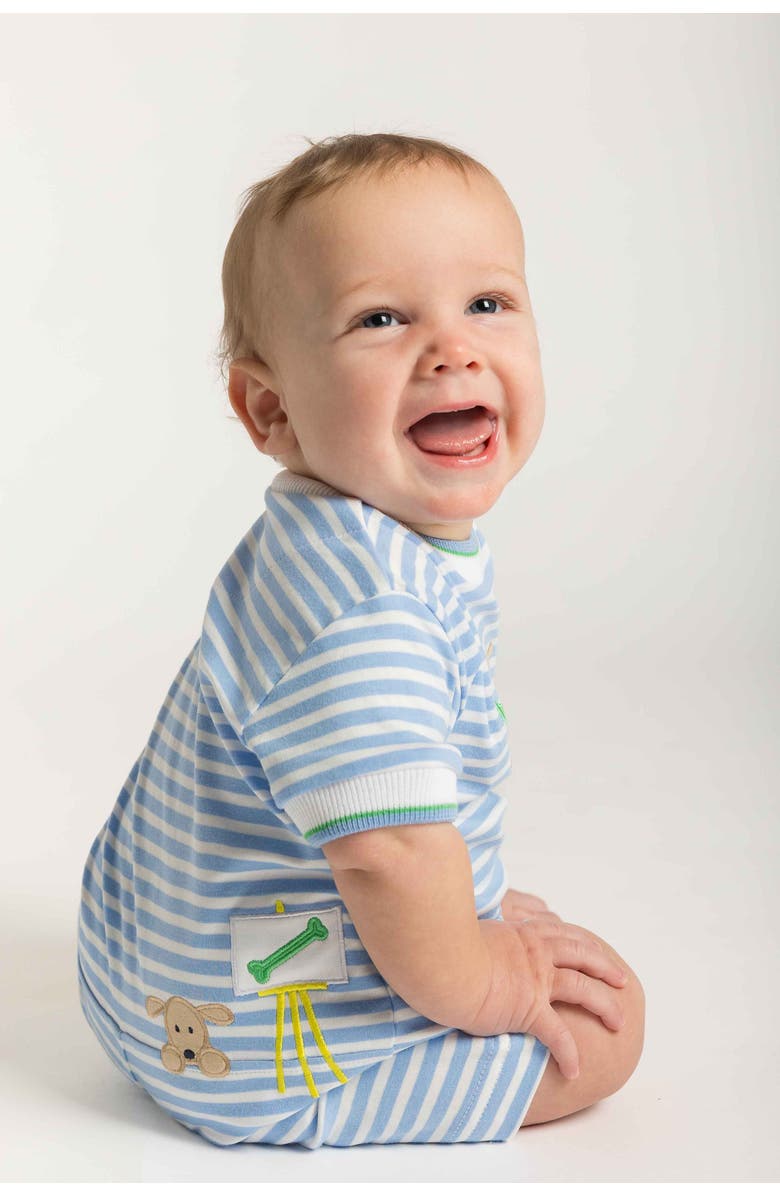 Florence Eiseman Stripe Knit Shortall With Painting Dog, Alternate, color, Blue/White