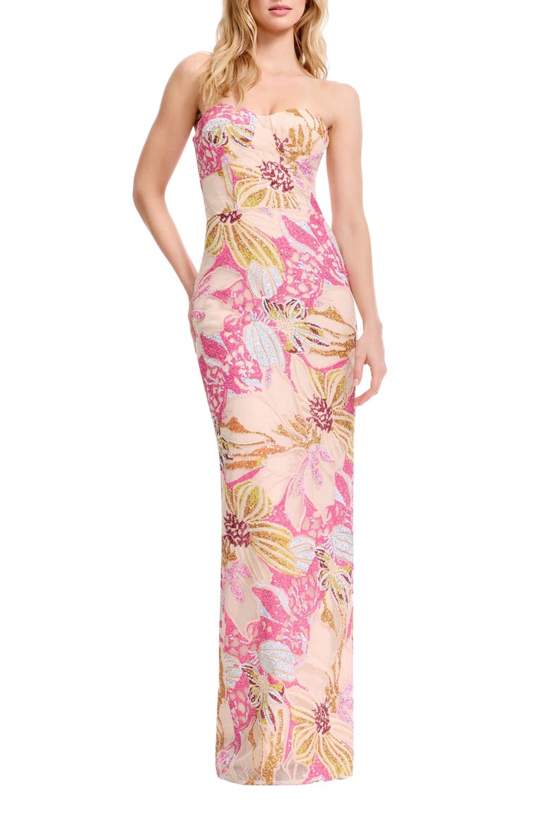 Vada Sequin Floral Strapless Gown, Main, color, BRIGHT FUCHSIA MULTI