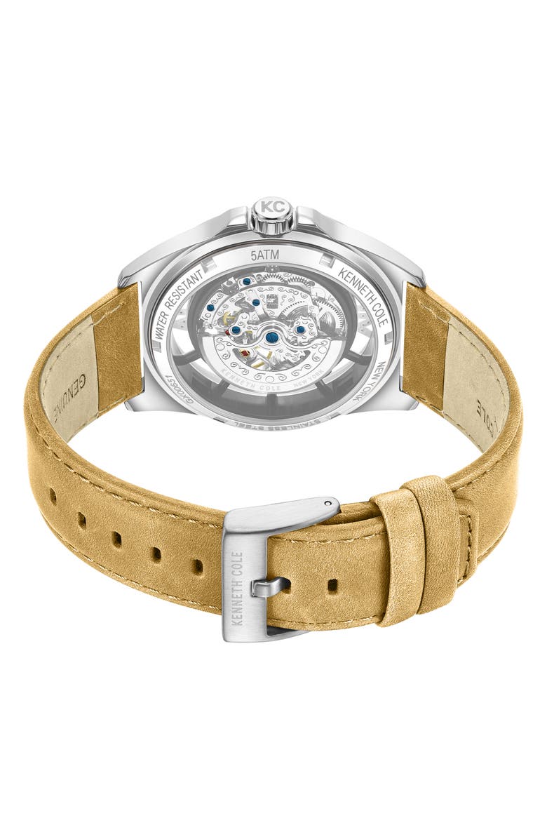 Kenneth Cole New York Skeleton Automatic Tan Leather Strap Watch, 44mm, Alternate, color, Silver/Tan