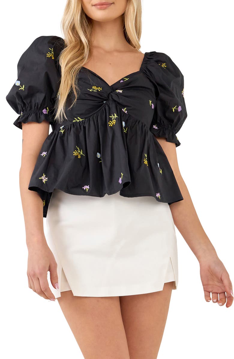 English Factory Floral Embroidered Puff Sleeve Babydoll Top, Main, color,