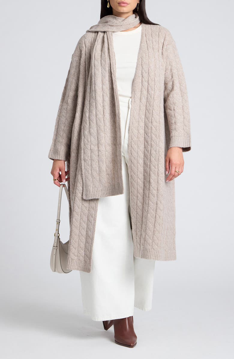ELOQUII Cable Stitch Cardigan with Attached Scarf, Main, color, 
