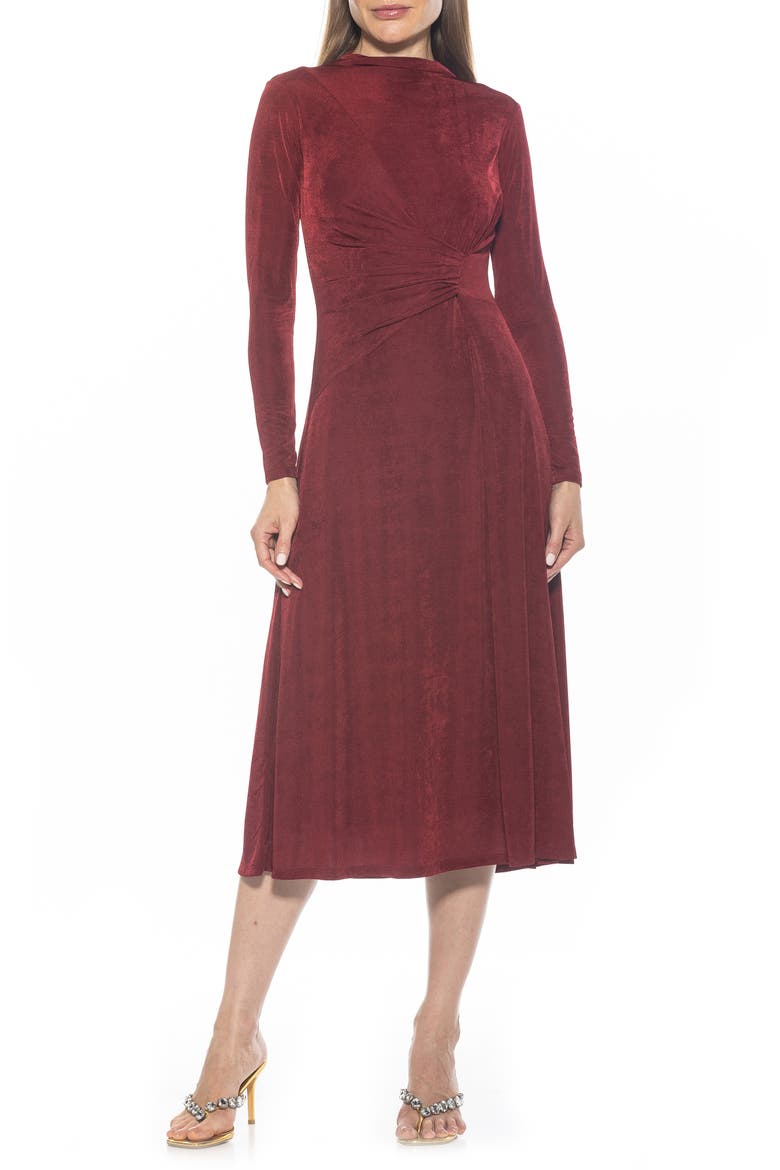 Marla Long Sleeve Draped Midi Dress, Main, color, BURGUNDY