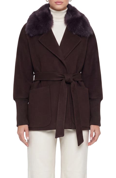 Fabric Jacket with Detachable Genuine Shearling  Collar, Belt