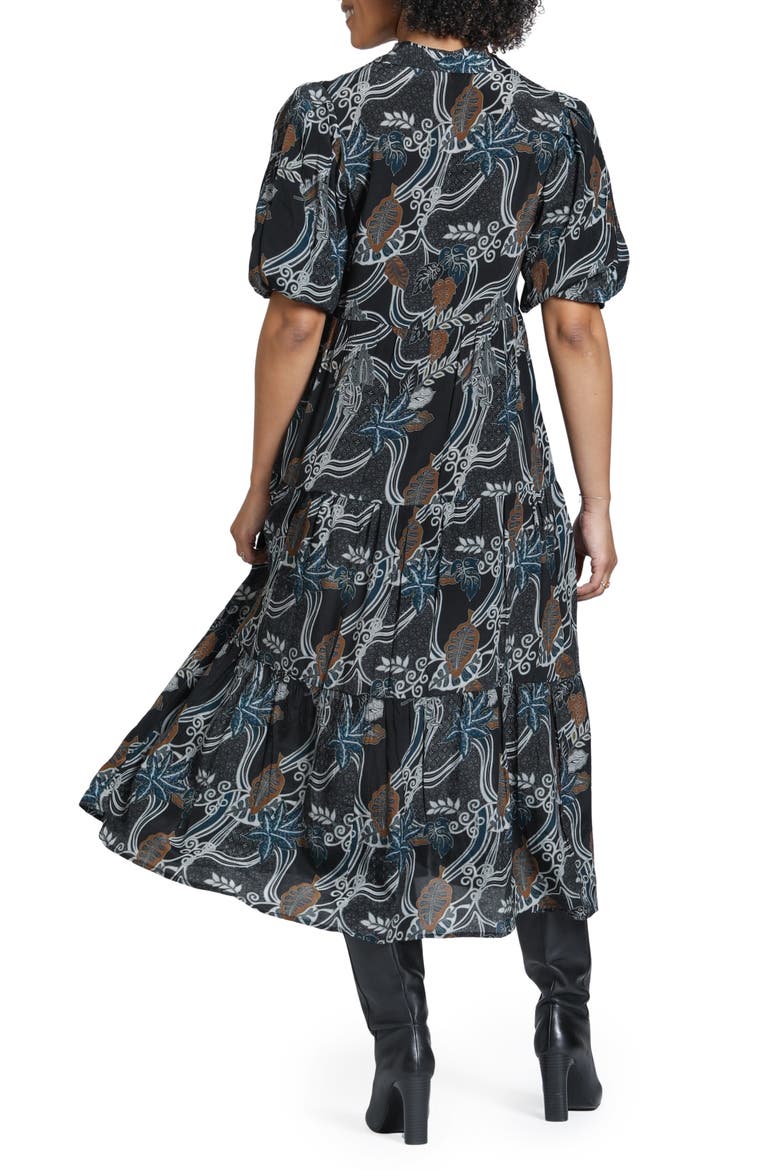 Tiered Elbow Sleeve Midi Dress, Alternate, color, MIDNIGHT SPRUCE MULTI