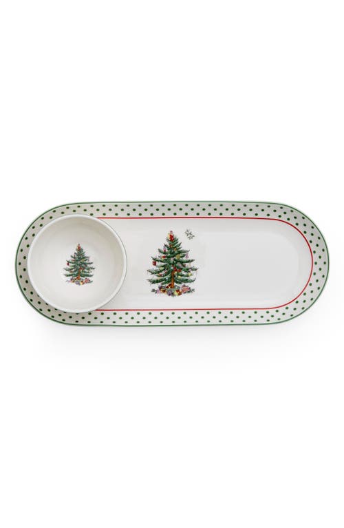 Spode Christmas Tree Polka Dot Oval Chip And Dip Set In Green