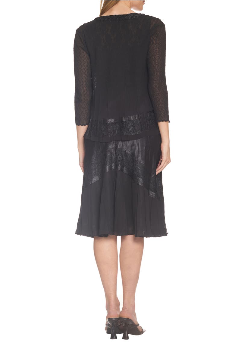 Lace Trim Charmeuse & Chiffon Tiered Dress with Jacket, Alternate, color, Black