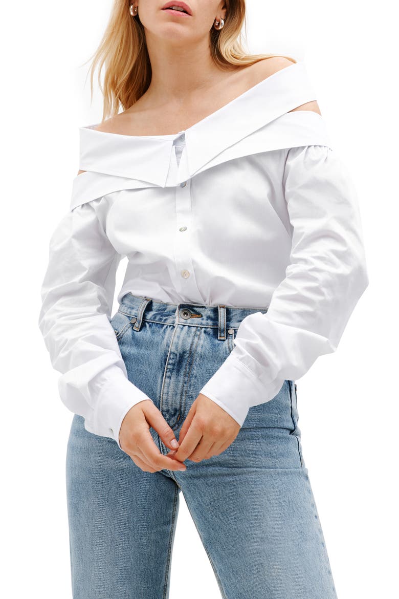 Vesper Off the Shoulder Button-Up Shirt, Main, color, WHITE