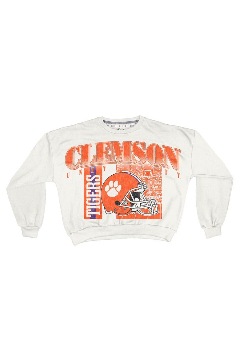 Women's Pressbox White Clemson Tigers Oversized Janice Retro Waist-Length Sweatshirt, Alternate, color, White