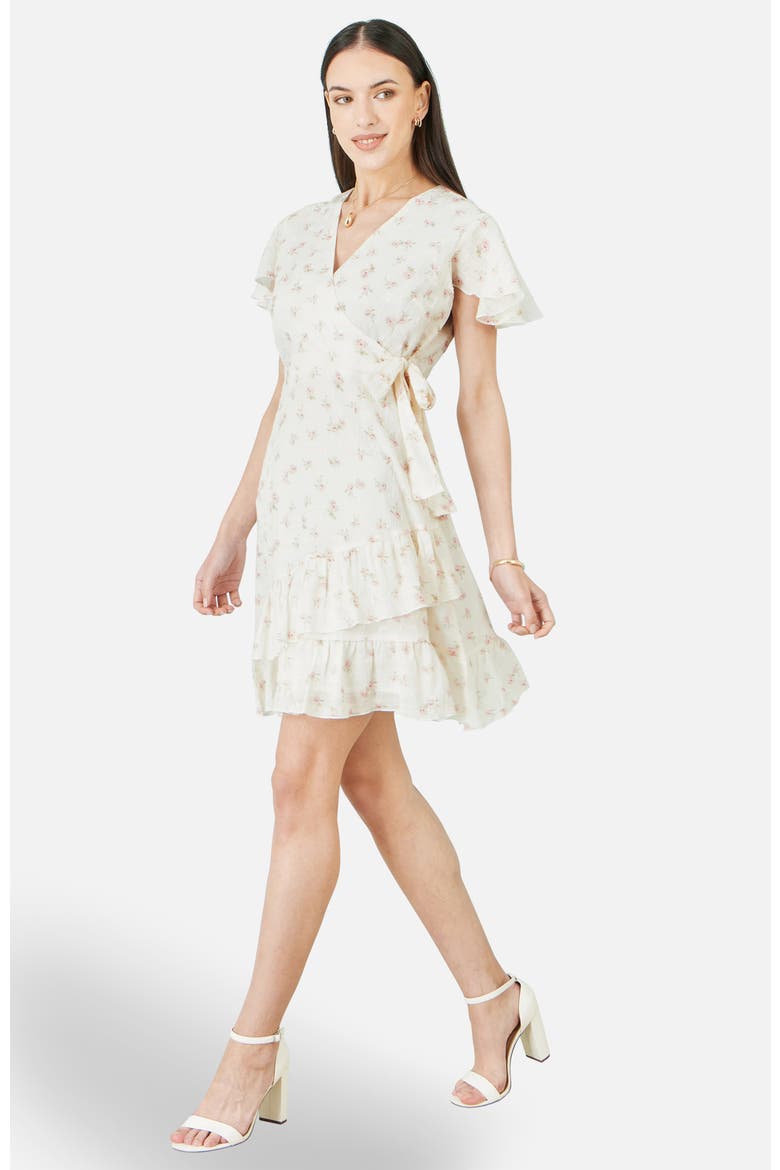 Rose Print Wrap Over Frill Dress, Alternate, color, White