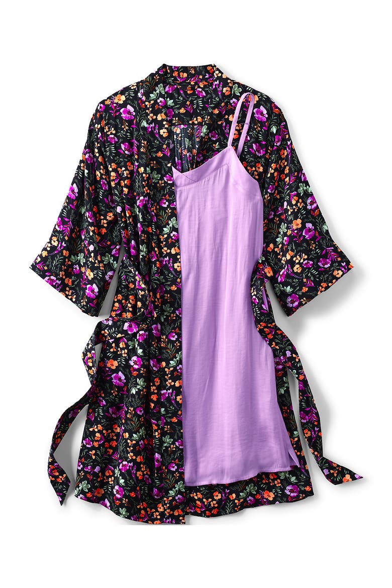 Matte Satin 2 Piece Pajama Set - Nightgown and Robe, Alternate, color, Black Large Watercolor Floral