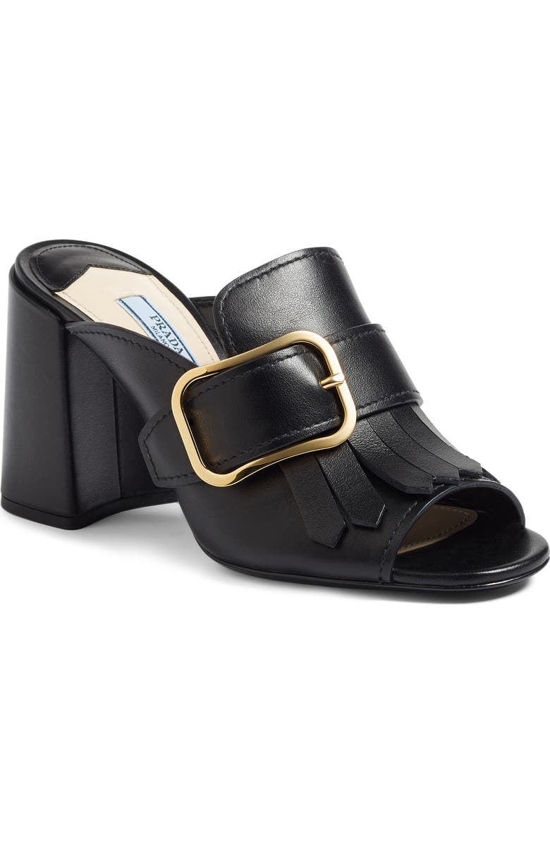 Prada Kiltie Fringe Buckle Strap Mule, Main, color,
