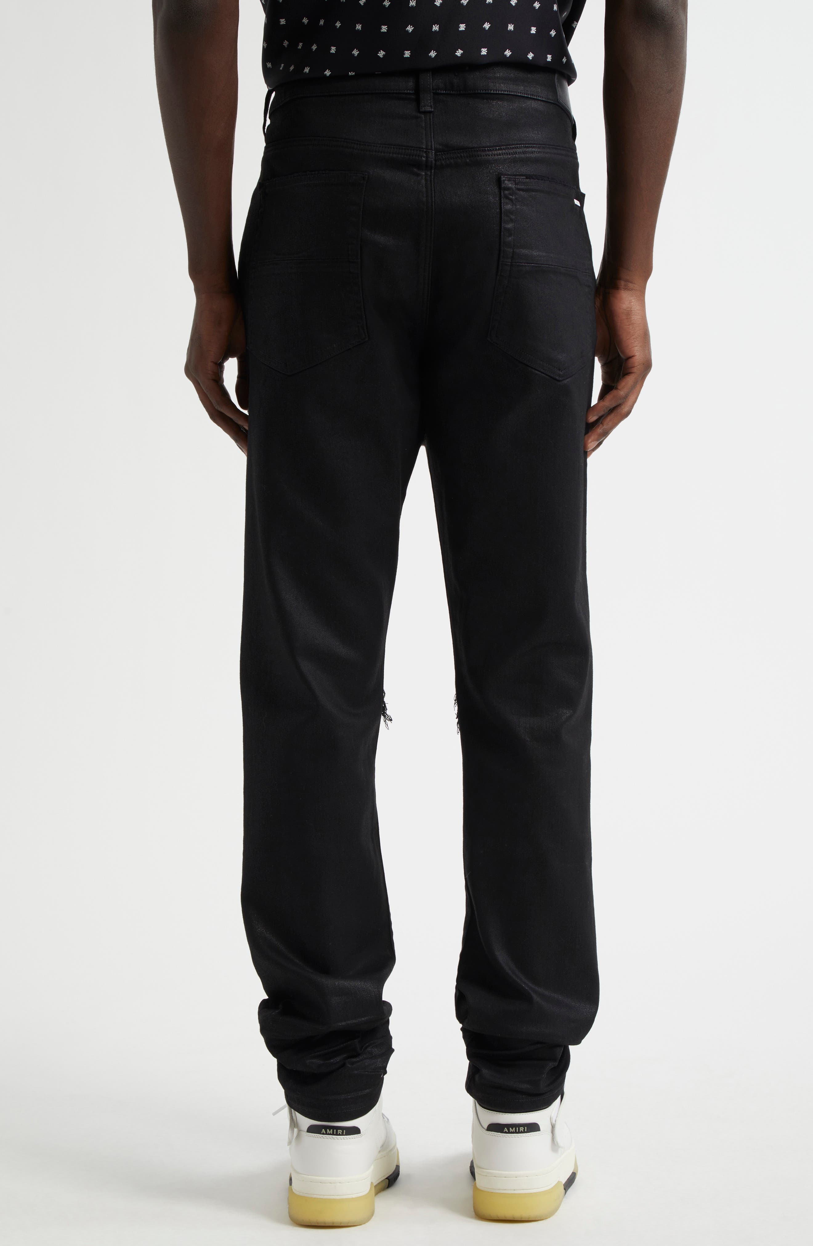 AMIRI MX1 Leather Patched Distressed Waxed Jeans (Men) | Nordstrom