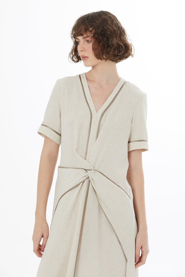 Beige Piped Detail Linen Maxi Dress, Alternate, color, Beige