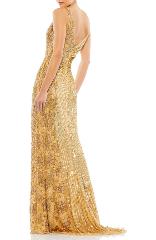 Mac Duggal Beaded Floral Sleeveless Gown In Gold