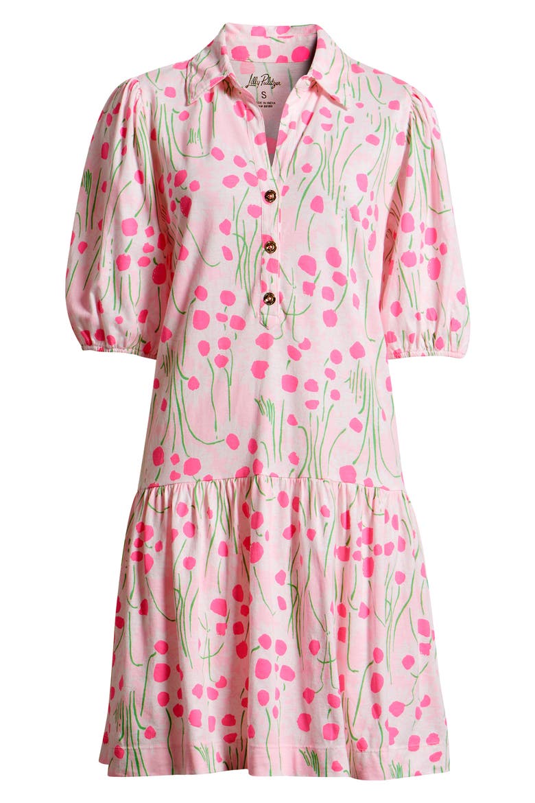 Bingley Drop Waist Puff Shoulder Dress, Alternate, color, CONCH SHELL PINK SUNNY DAISIES