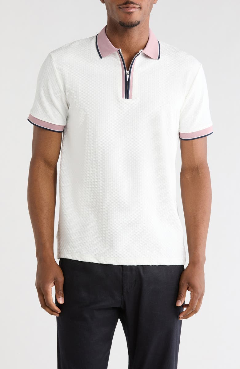 DENIM AND FLOWER Textured Quarter Zip Polo, Main, color, Off White
