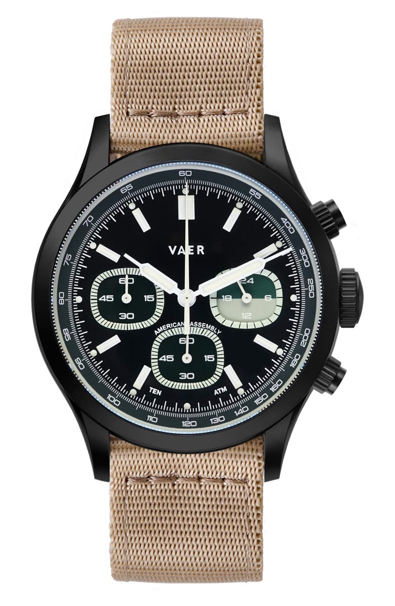 VAER R1 Tactical Chronograph Nylon Strap Watch, 40mm, Main, color, Black