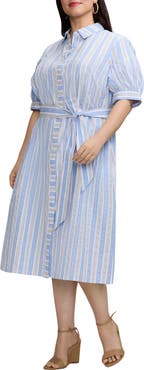 Foxcroft Esther Belted Stripe Cotton Shirtdress
