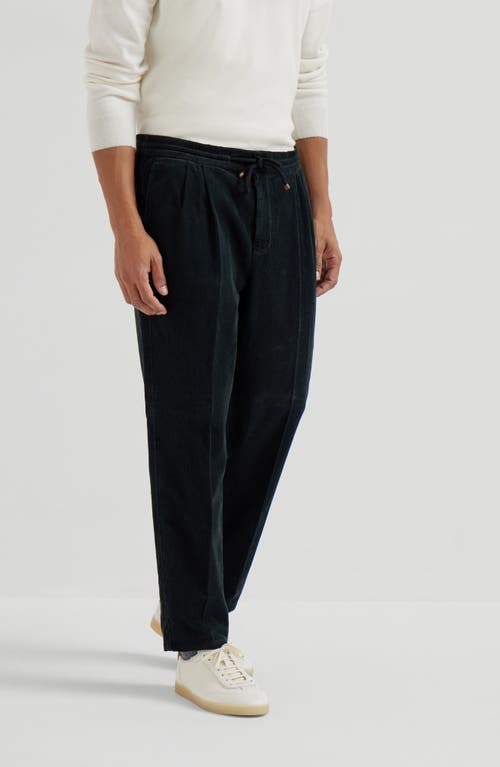 Brunello Cucinelli Men Leisure Fit Trousers In Garment-dyed Linen Gabardine With Drawstring And Doub In Black