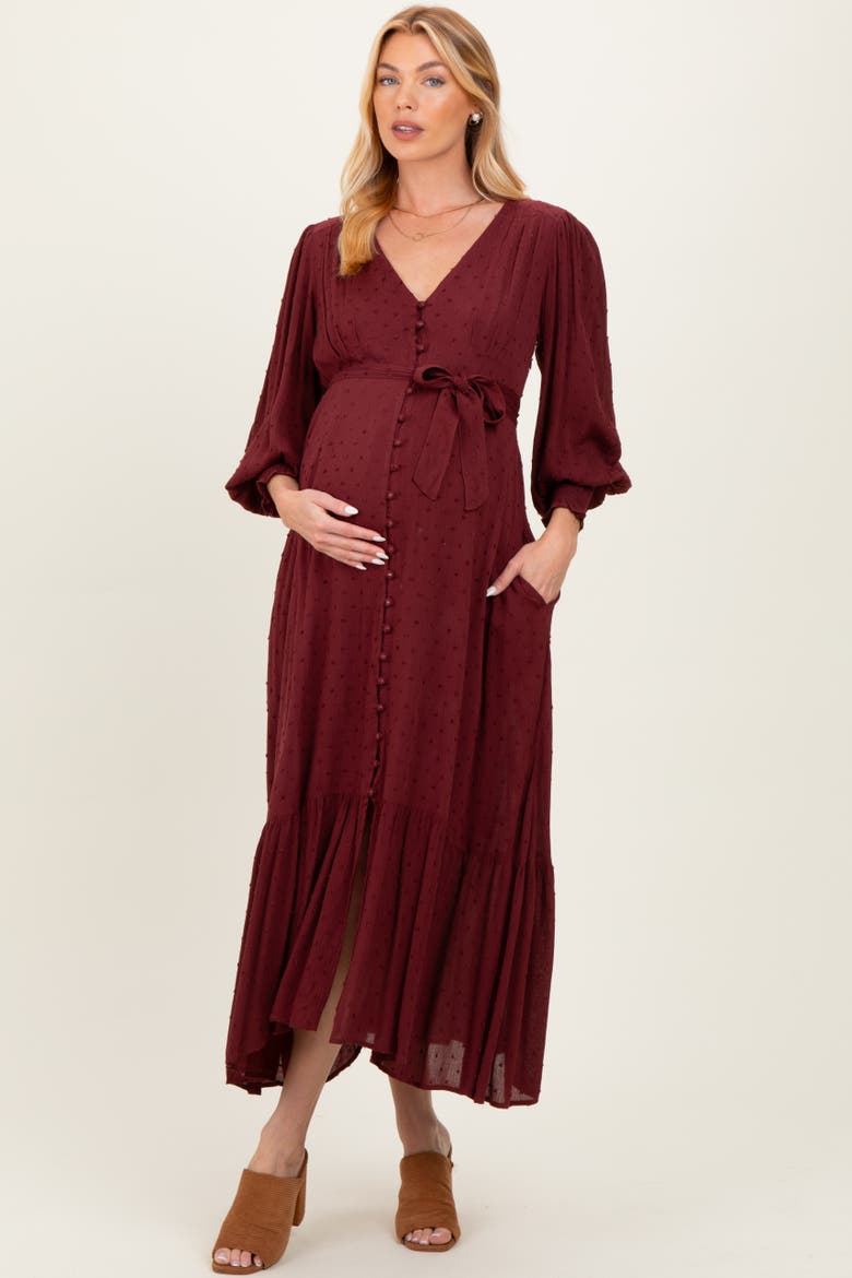 Swiss Dot Button Down Maxi Dress, Main, color, Burgundy