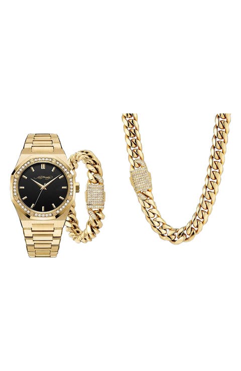 Crystal Pavé Quartz Bracelet Watch, Rolo Chain Bracelet & Necklace Set