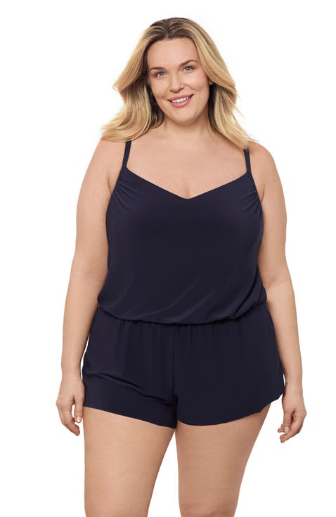 Plus Size V-Neck Blouson Slimming Swimsuit Romper with Pockets