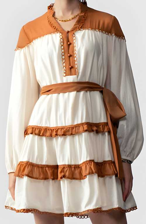 Modenaire Contrast Trim Mini Dress With Waist Tie And Tiered Skirt In Multi