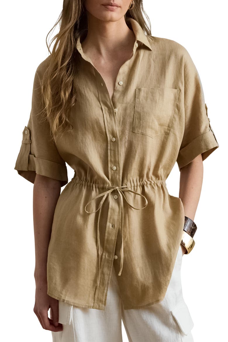 Linen Roll-Tab Sleeve Tunic, Main, color, BIRCH BEIGE