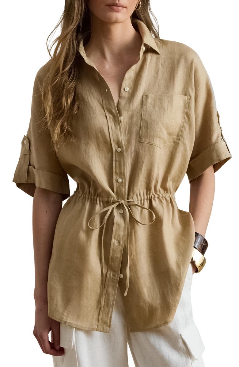 Lauren Ralph Lauren Linen Roll-Tab Sleeve Tunic, Main, color, Birch Beige