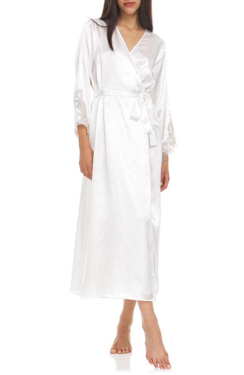 Flora By Flora Nikrooz Stella Belted Lace Trim Satin Robe, Main, color, Ivory