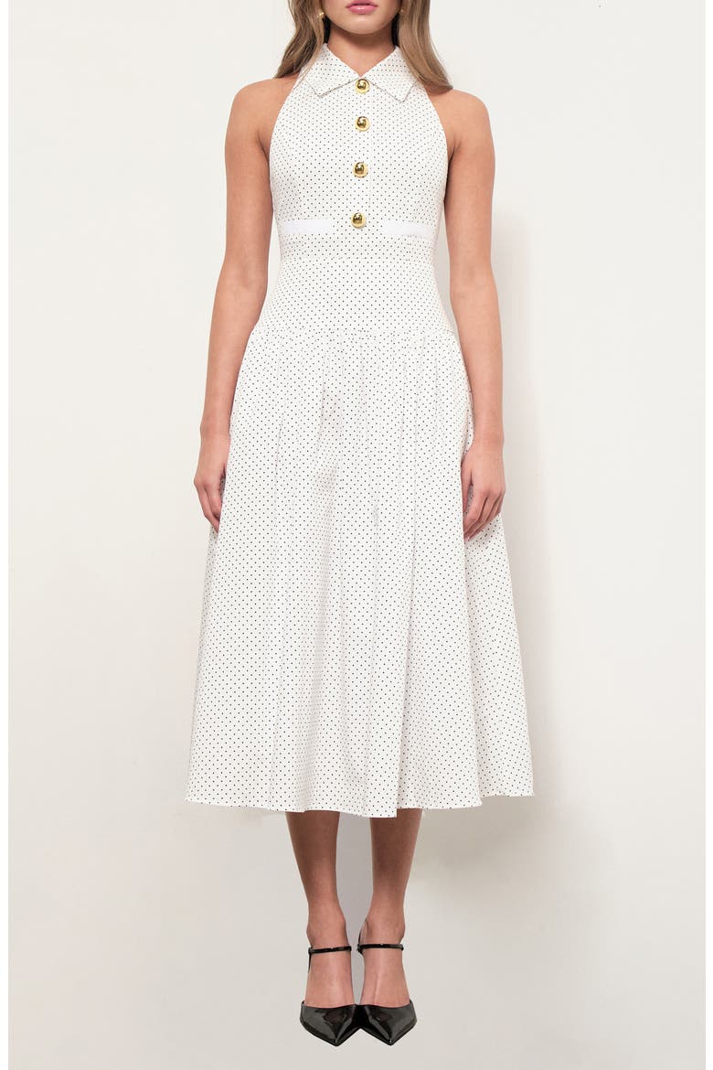 Davina Polka Dot Fit & Flare Midi Dress, Main, color, WHITE NAVY DOTS