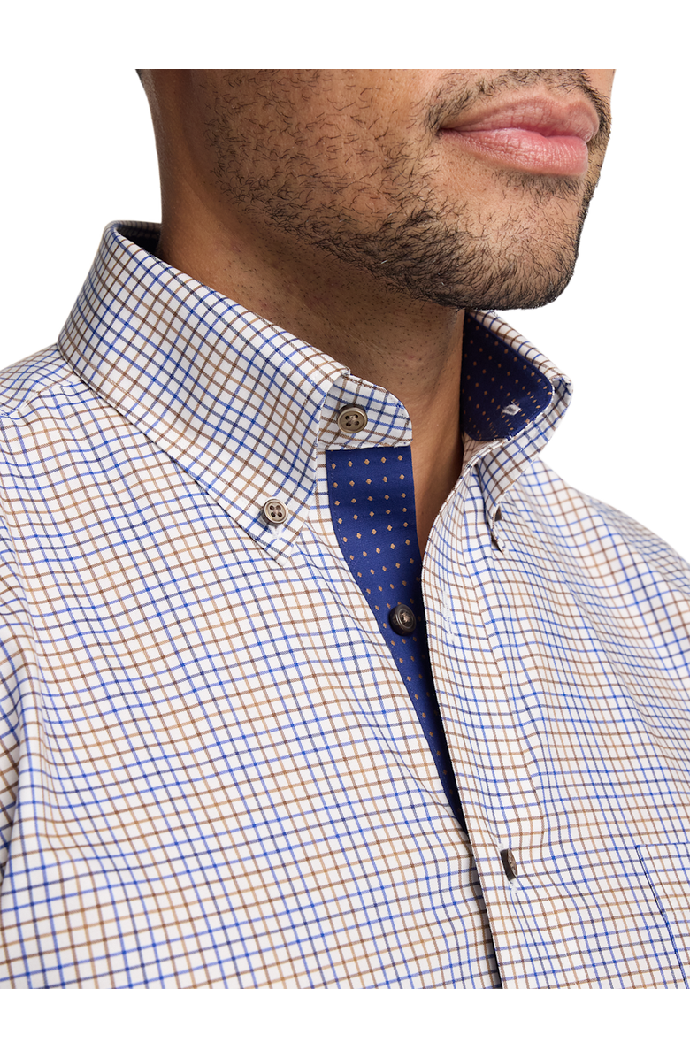 Paul Fredrick Tailored Fit Comfort Stretch Non-iron Tattersall Dress Shirt With Contrast Trim, Alternate, color, Navy/Tan