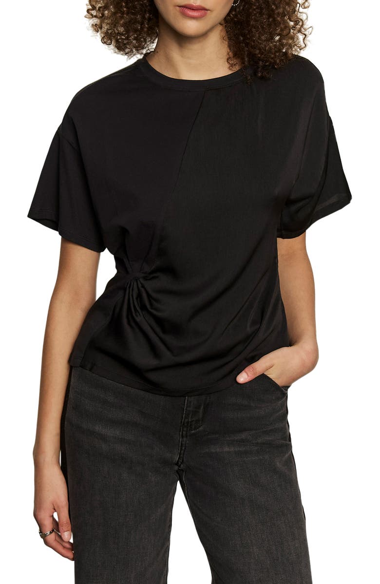 Sanctuary Satin & Cotton Gathered T-Shirt, Alternate, color, Black