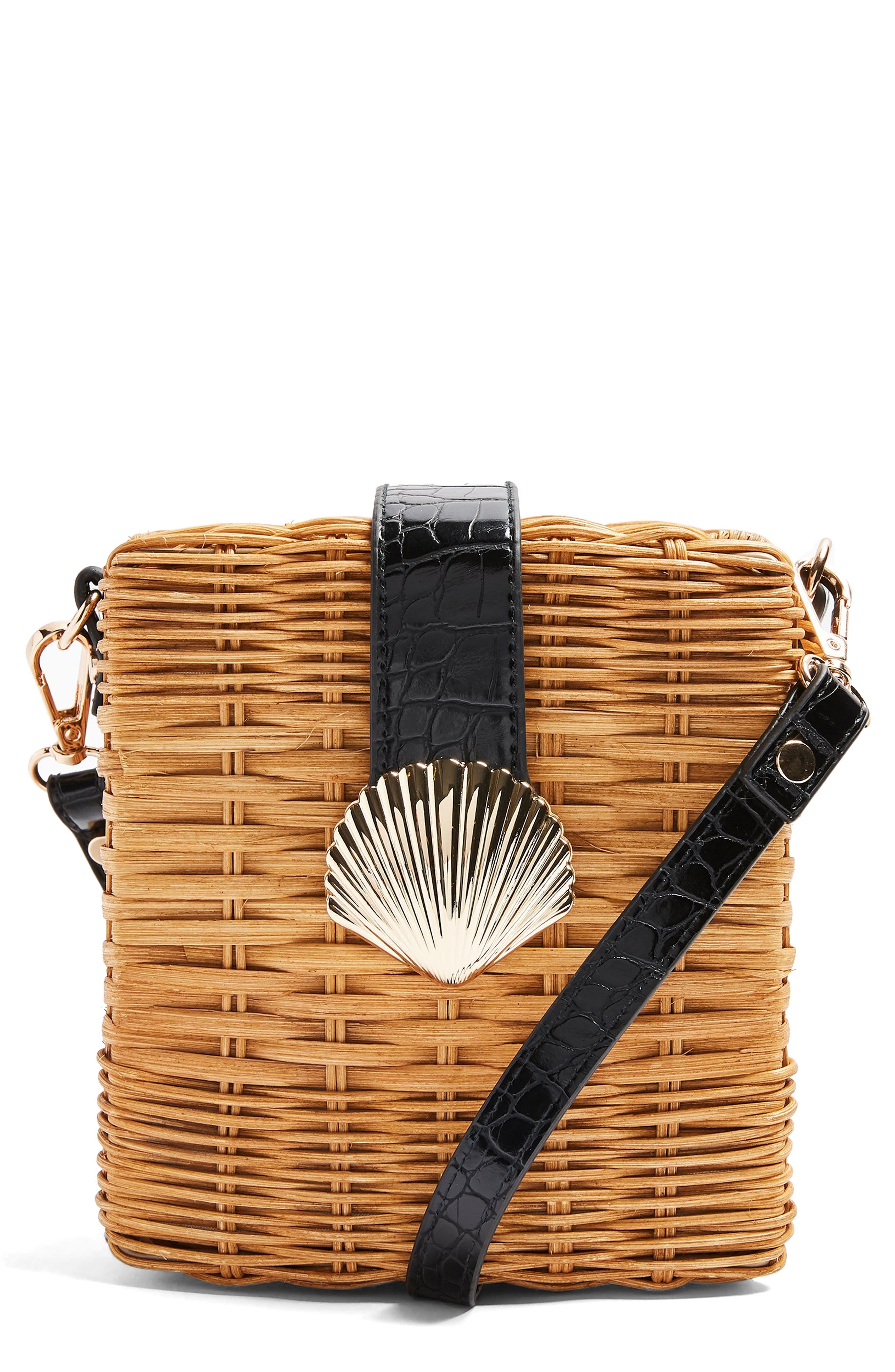 Topshop Shell Wicker Crossbody Bag, Main, color, 