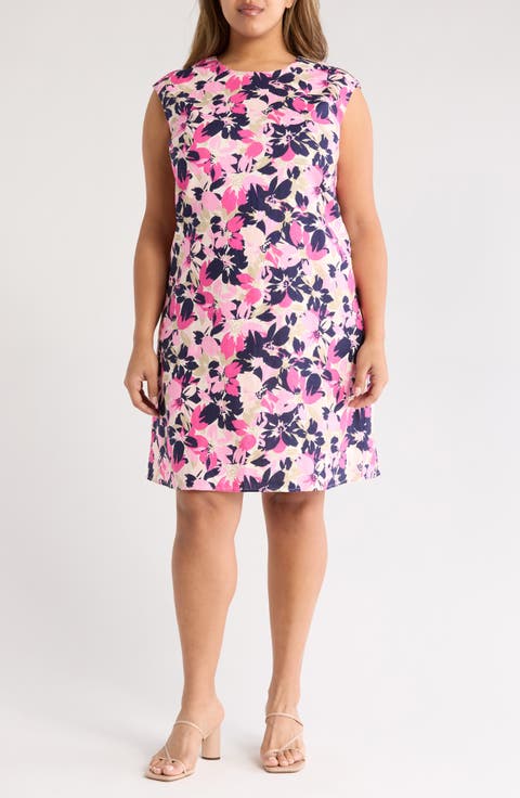 Floral Extended Cap Sleeve Linen Blend Dress (Plus)