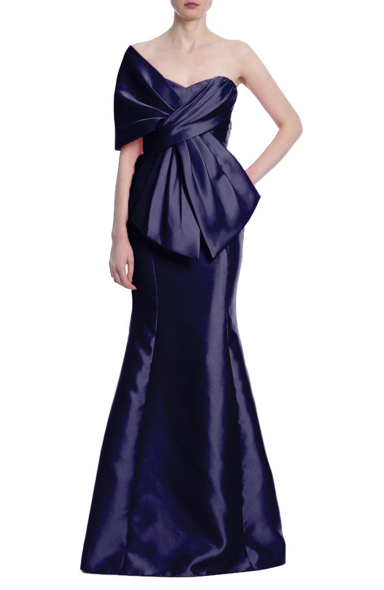 Badgley Mischka Collection Bow Off the Shoulder Mikado Gown, Main, color, 